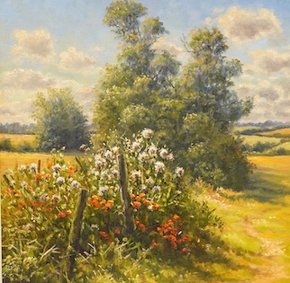 Mervyn Goode (b.1948), ‘Evening sunlight on Thistledown and Poppies’, unsigned, labels verso, oil on canvas, 29 x 29cm